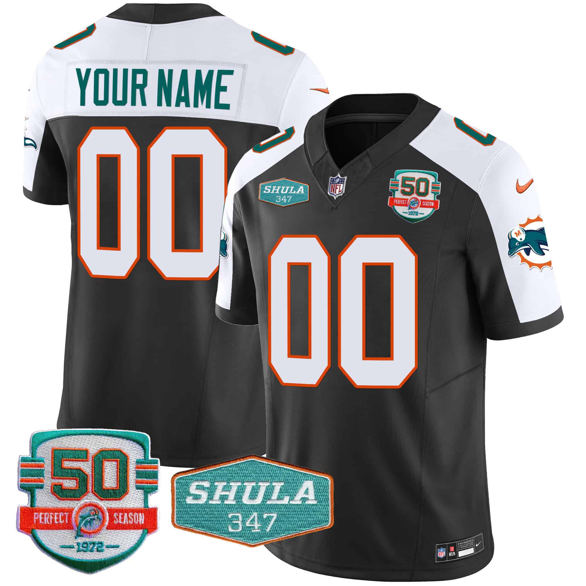 Men Miami Dolphins Black 2024 Nike Throwback Shula 347 Patch Vapor Custom NFL Jersey